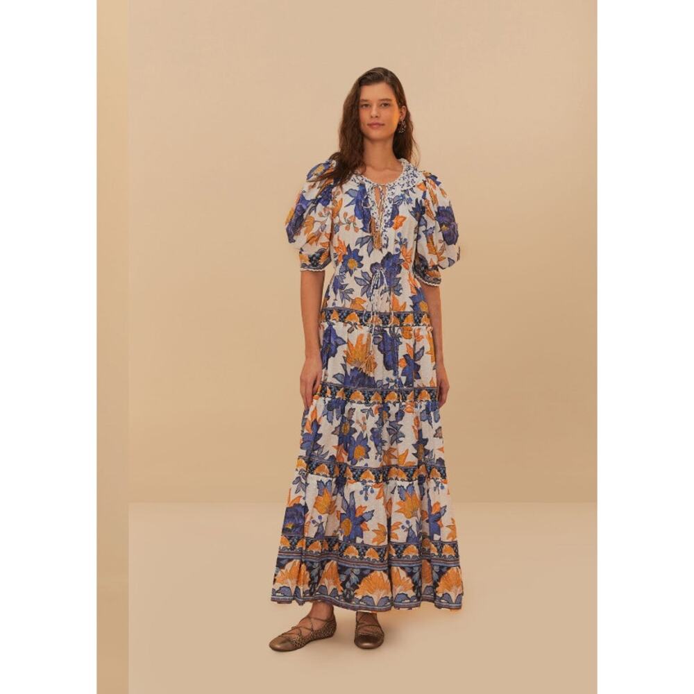 NEW NWT Farm Rio Off-White Summer Flowers Beaded Tassels Maxi Dress Size S - Picture 2 of 8